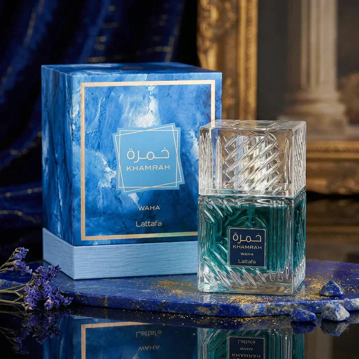 Lattafa Khamrah Waha Eau de Parfum – blå flaska och förpackning