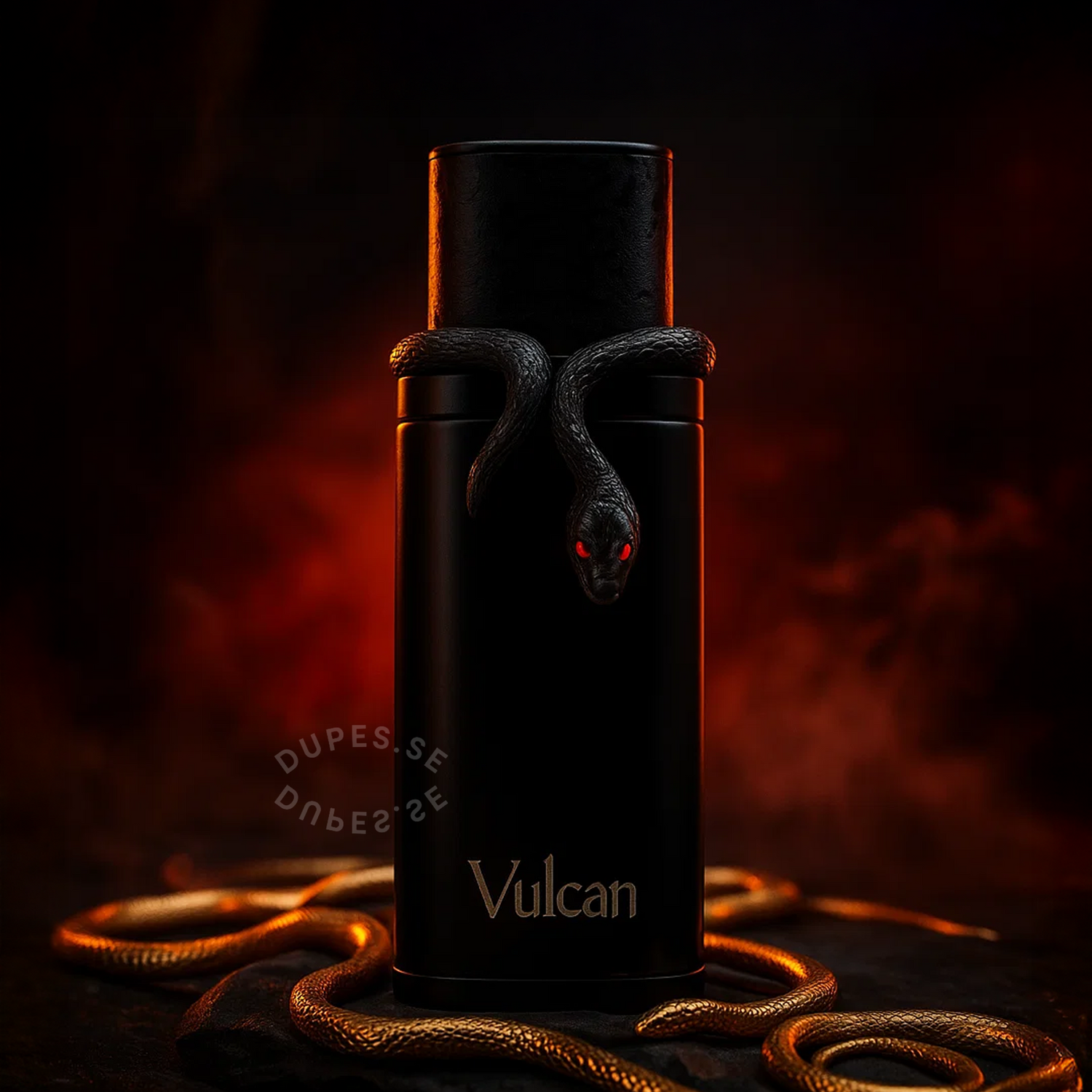 Flaska av Vulcan Black Friday Edition French Avenue Extrait De Parfum i svart design med orm-detalj, placerad mot mörk och röd bakgrund.