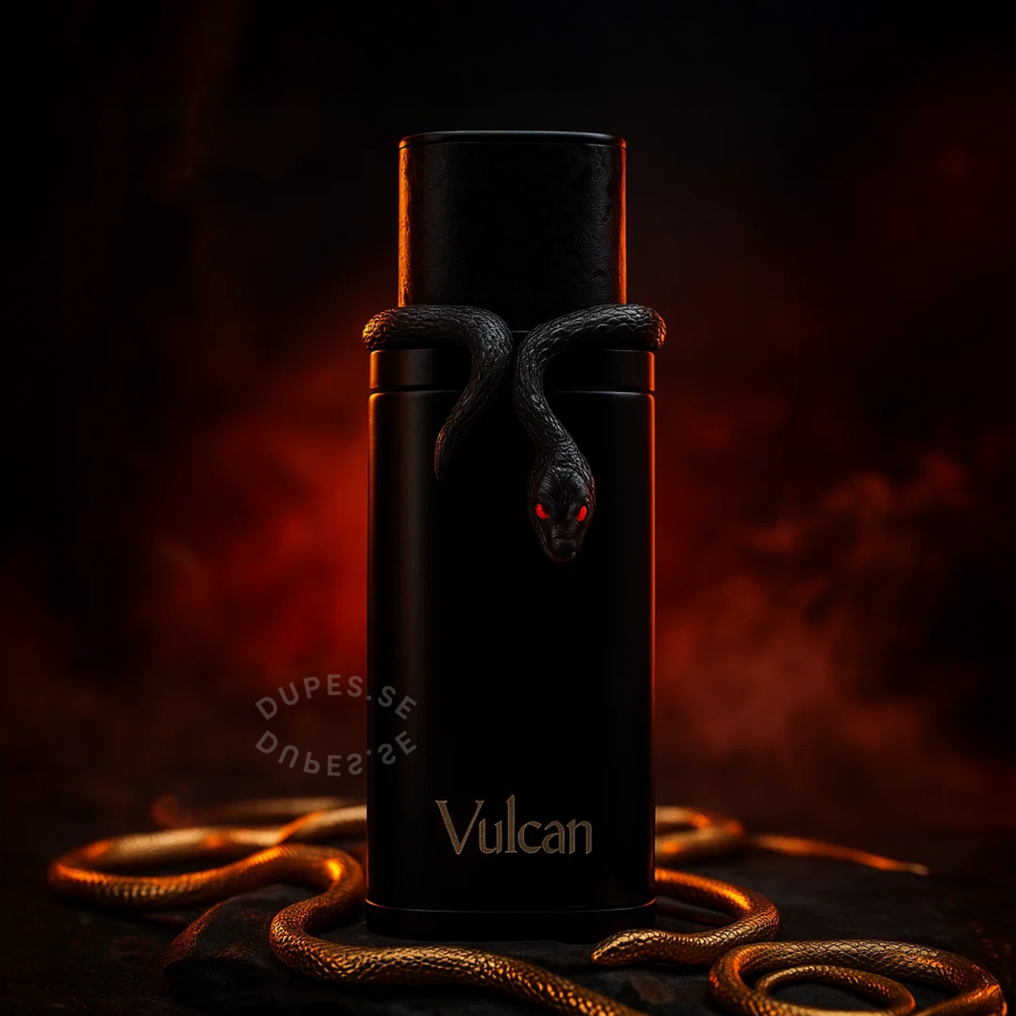 Flaska av Vulcan Black Friday Edition French Avenue Extrait De Parfum i svart design med orm-detalj, placerad mot mörk och röd bakgrund.